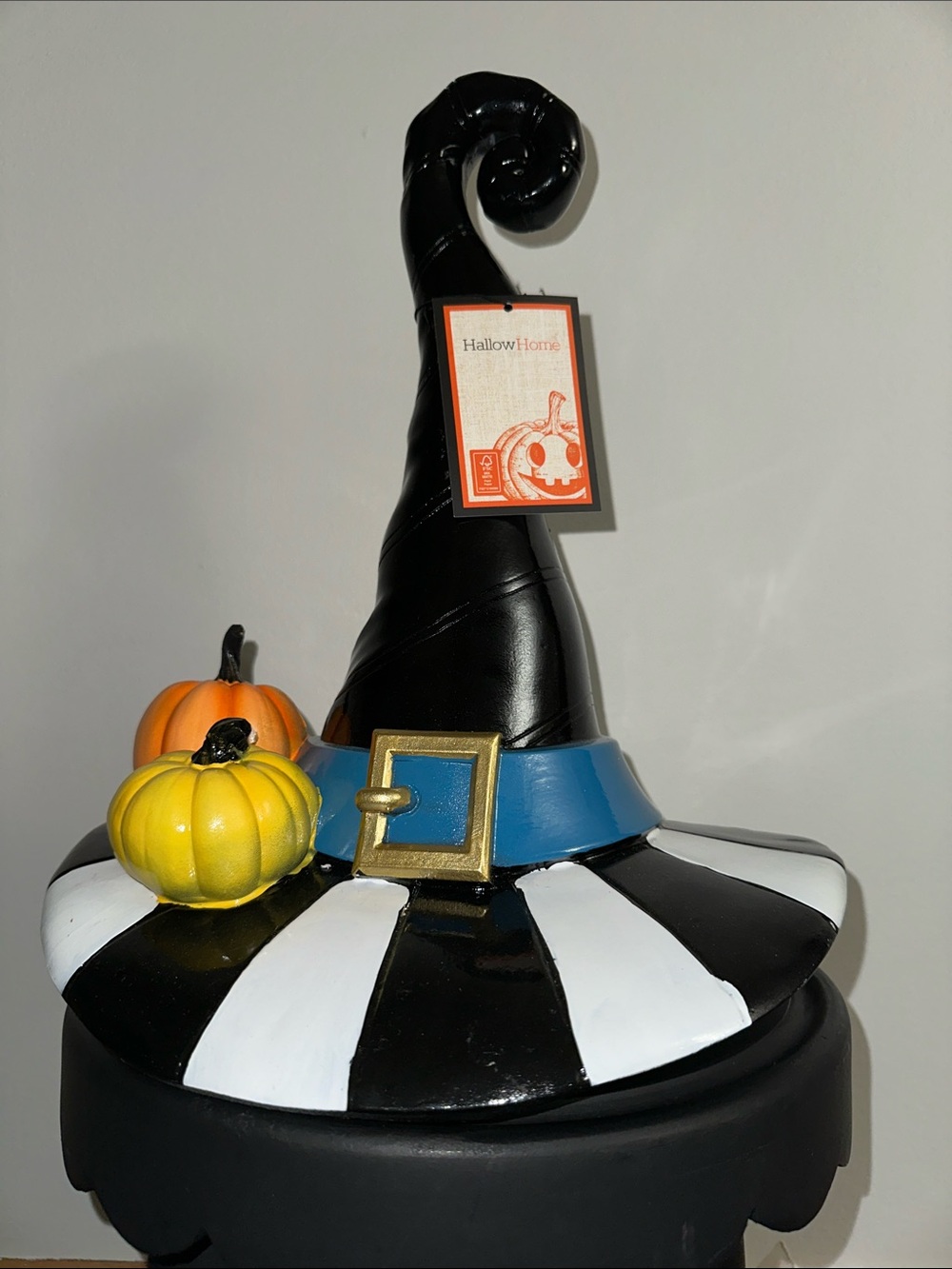 Black Witch Hat Decorative Accent with Blue Belt and Pumpkins McKenzie Childs